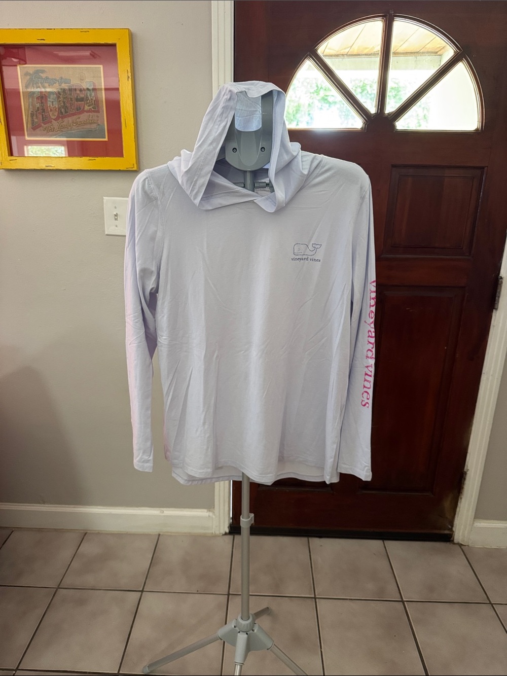 Vineyard Vines Light Blue Hooded Long Sleeve Tee with Pink Sleeve Script